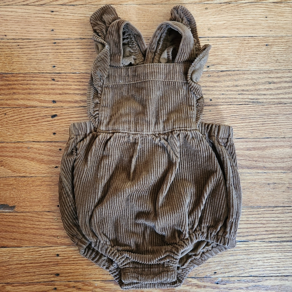 EUC Old Navy Brown Corduroy Bubble Suspender Romper Baby Girl 6-12